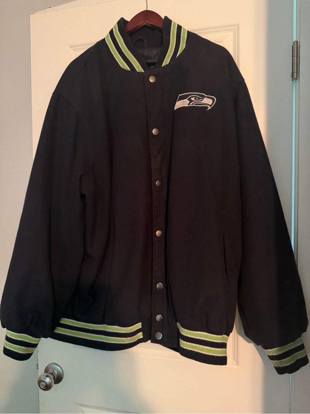G-III NFL Seattle Seahawks Logo Football Coat Navy Blue Green Size Wool Pockets